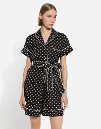 Short-sleeved silk pajama shirt with polka-dot print