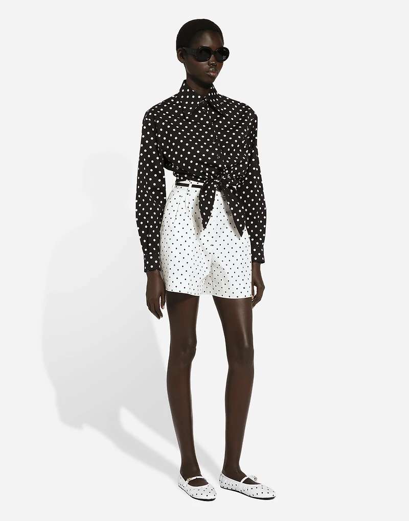 Cropped cotton poplin shirt with knot detail and polka-dot print