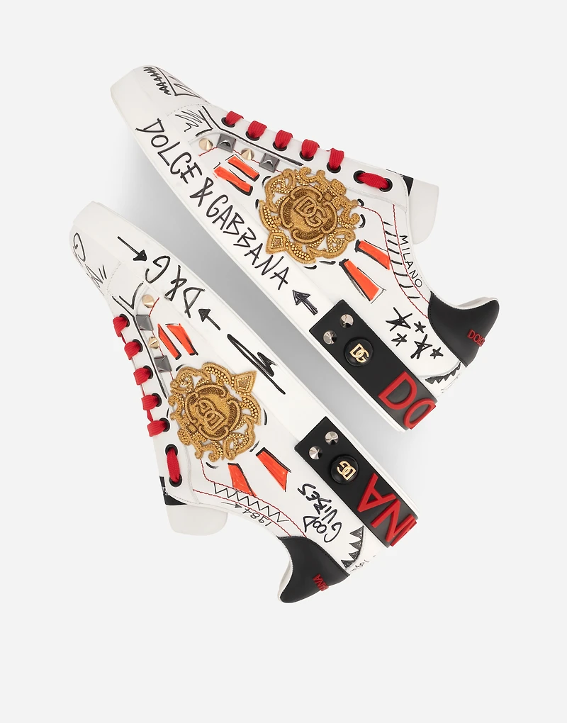 Calfskin Portofino sneakers with embroidery and studs