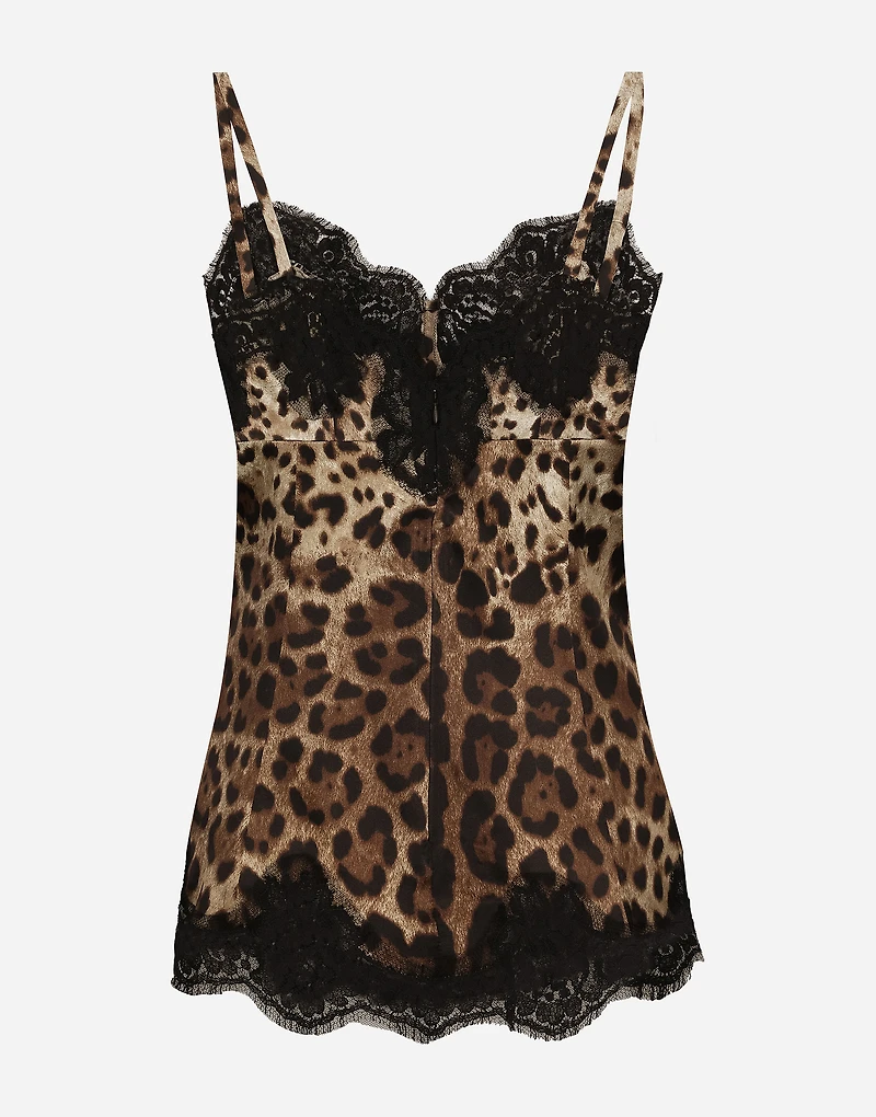 Leopard-print satin top with lace inlay