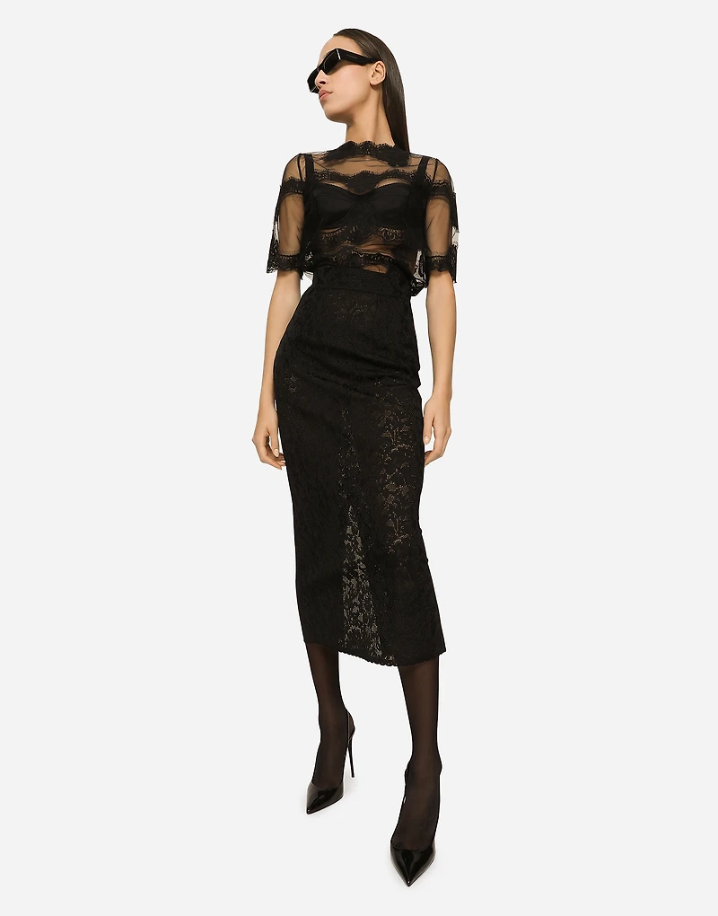 Lace-stitch calf-length skirt