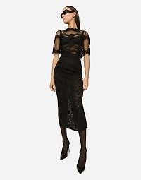 Lace-stitch calf-length skirt