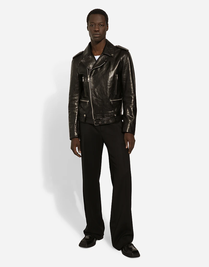 Belted leather biker jacket