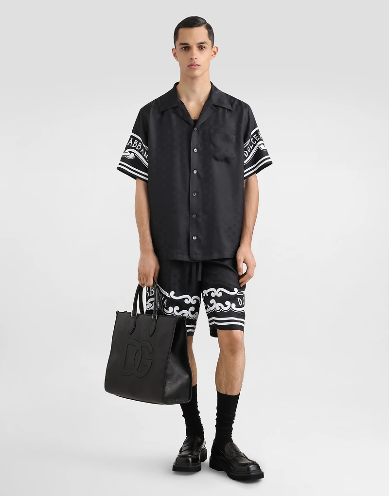 Printed silk and denim shirt