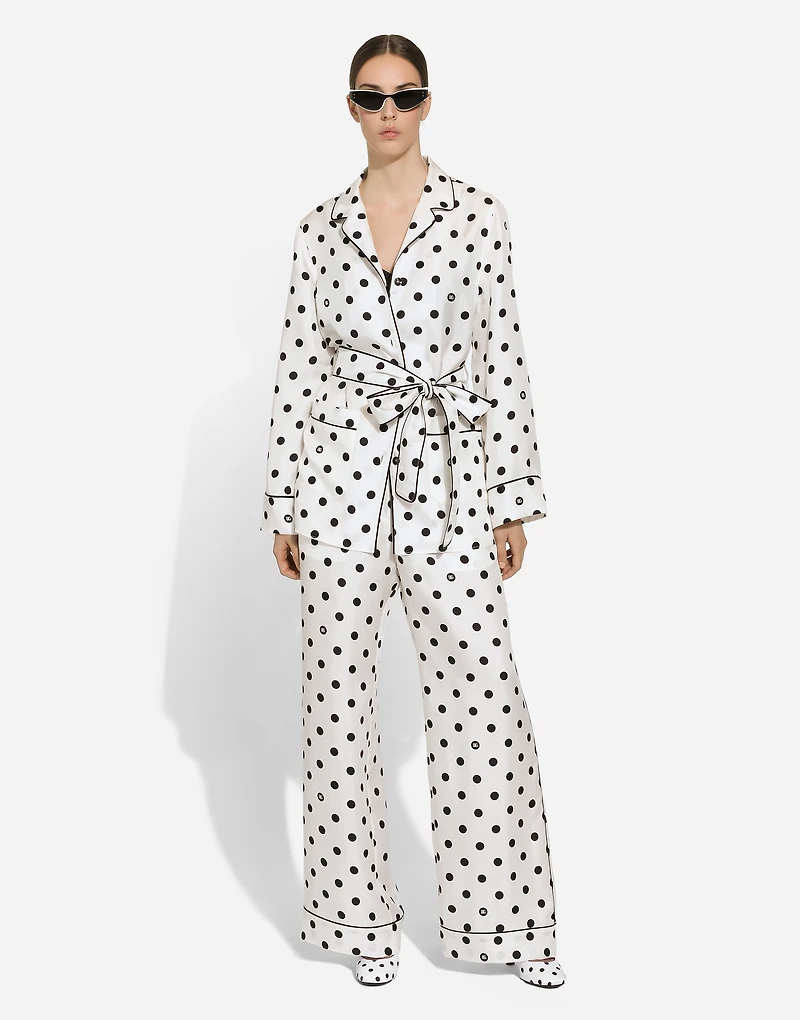 Long-sleeved silk pajama shirt with polka-dot print