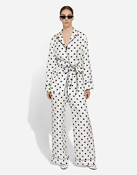 Long-sleeved silk pajama shirt with polka-dot print
