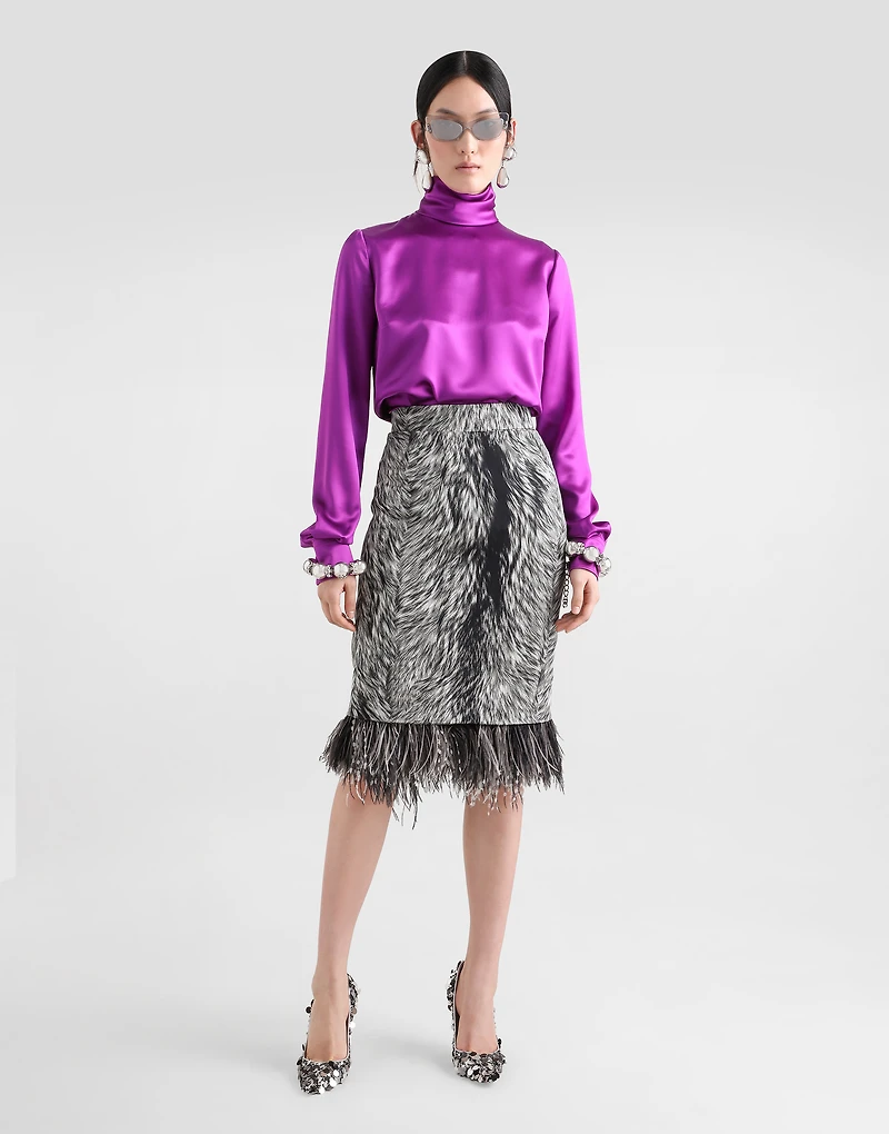 Charmeuse calf-length pencil skirt with fur print and feathered detailing