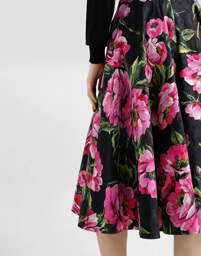 Cotton calf-length circle skirt with peony print