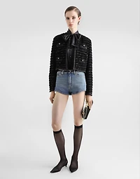 Short single-breasted tweed jacket with micro-sequin embellishment