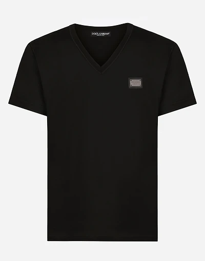 Cotton V-neck T-shirt with branded tag