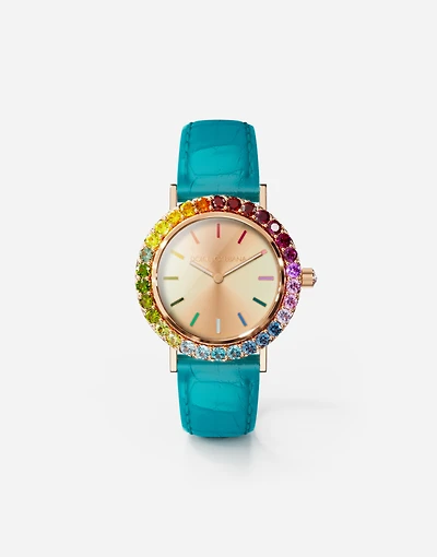Iris watch in rose gold with multi-colored fine gems