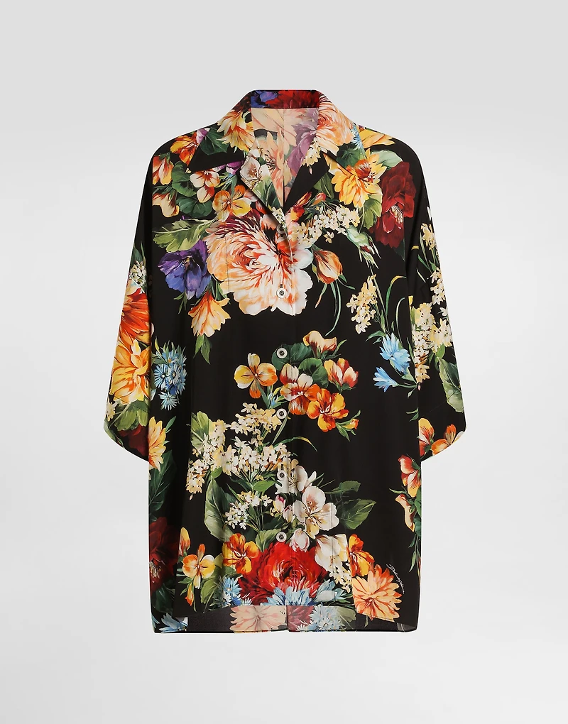 Flower bouquet-print charmeuse shirt
