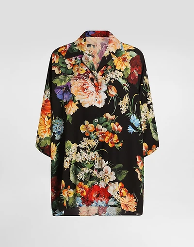 Flower bouquet-print charmeuse shirt