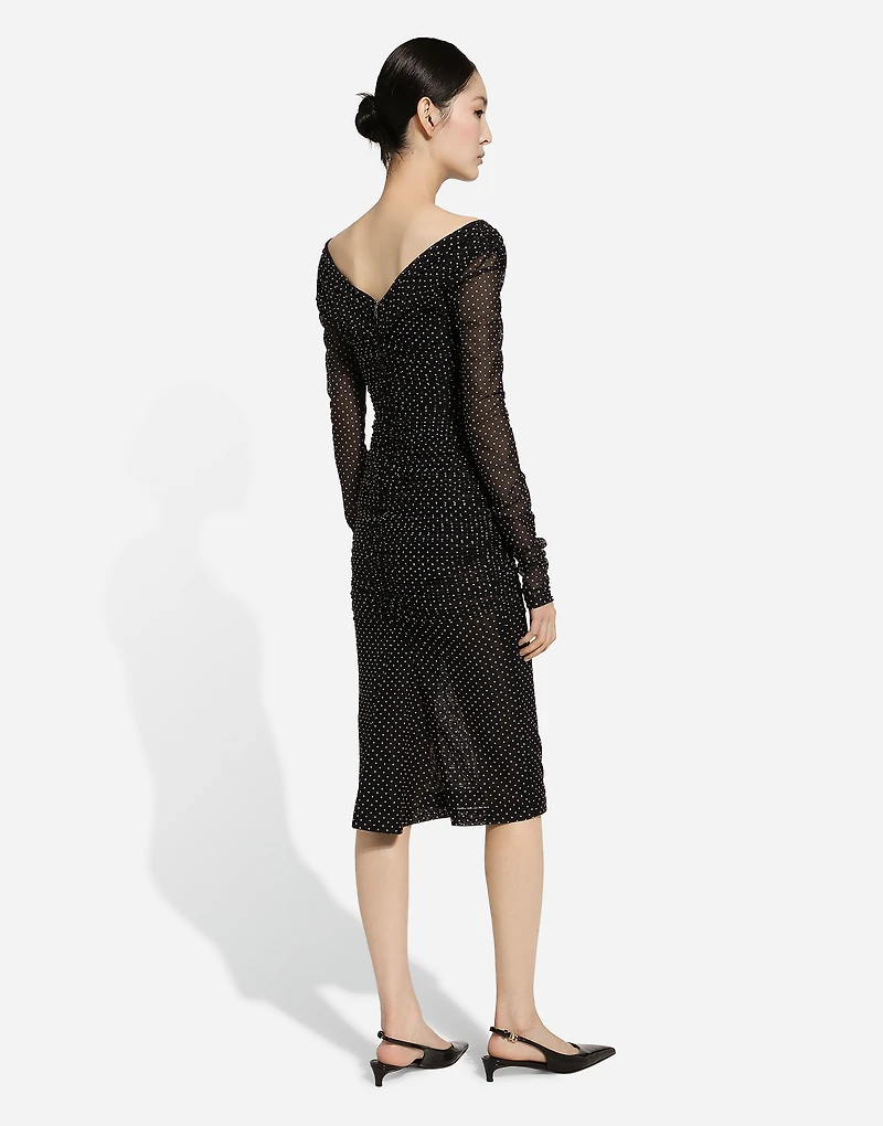 Tulle calf-length dress with draping and polka-dot print