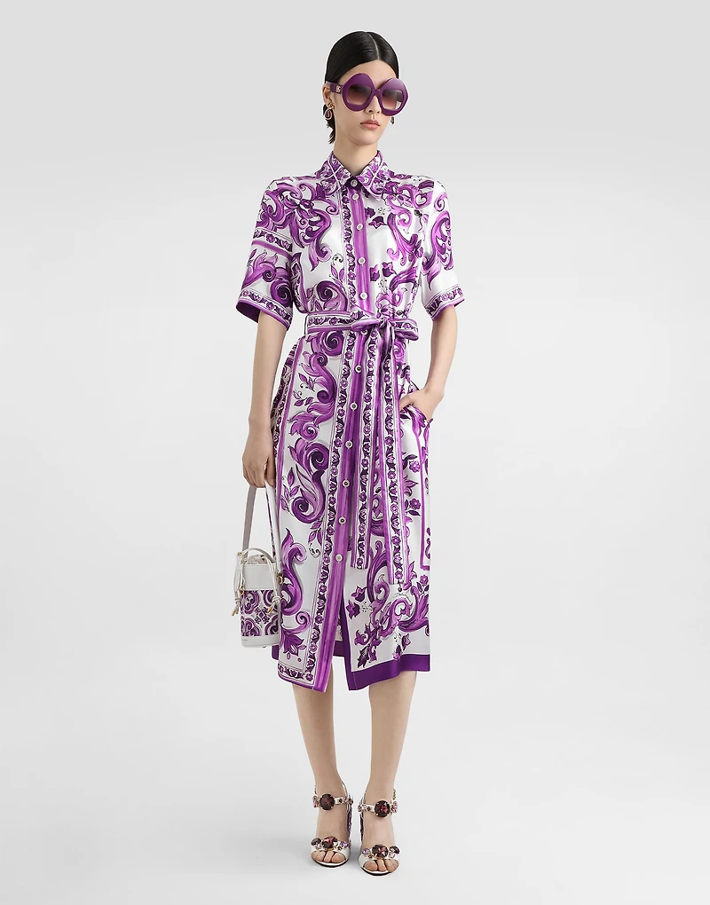 Majolica-print twill shirt dress