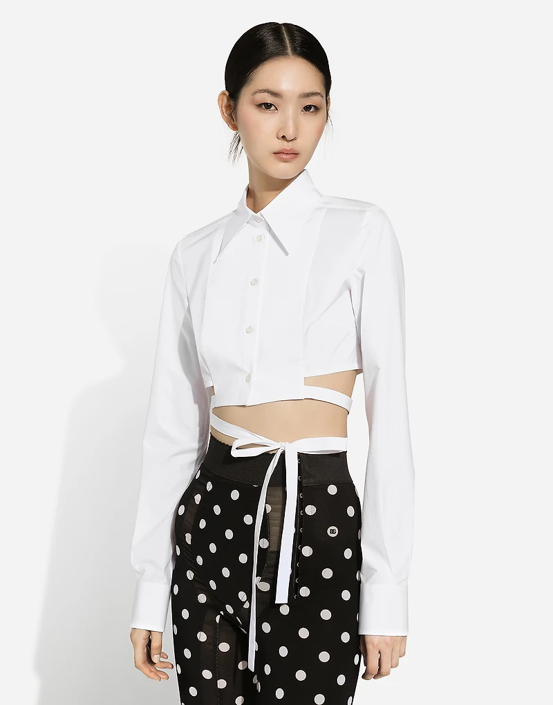 Cropped cotton shirt with criss-crossing laces