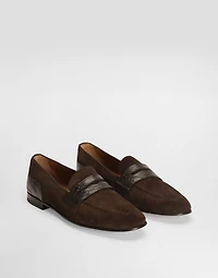 Split calfskin and alligator slippers