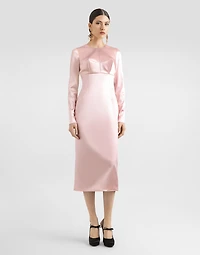 Stretch satin round-neck calf-length dress
