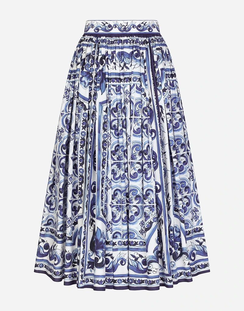 Majolica-print poplin calf-length skirt