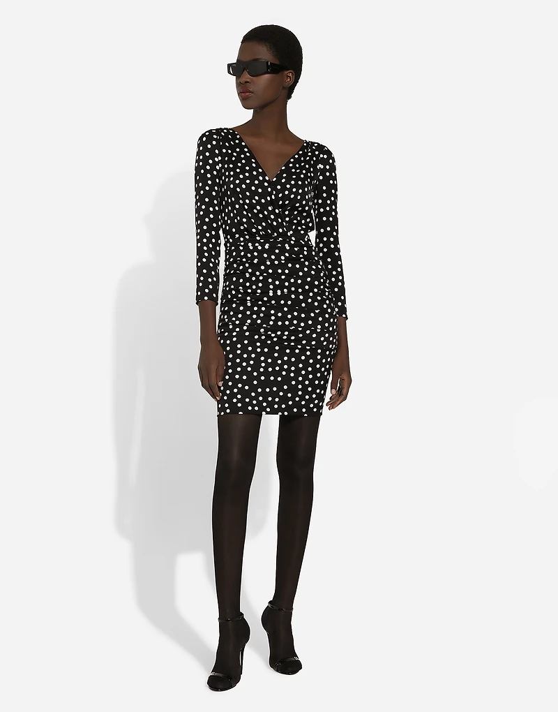 Short charmeuse dress with draped detailing and micro polka-dot print