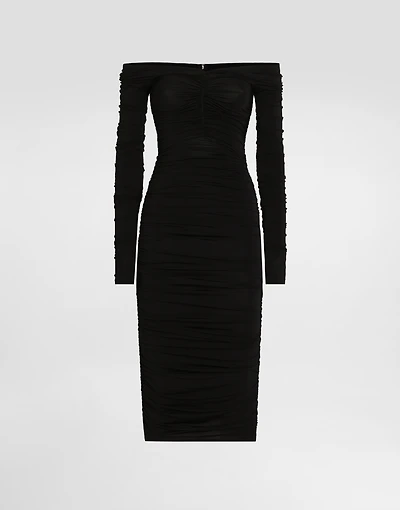 Organzine draped calf-length dress