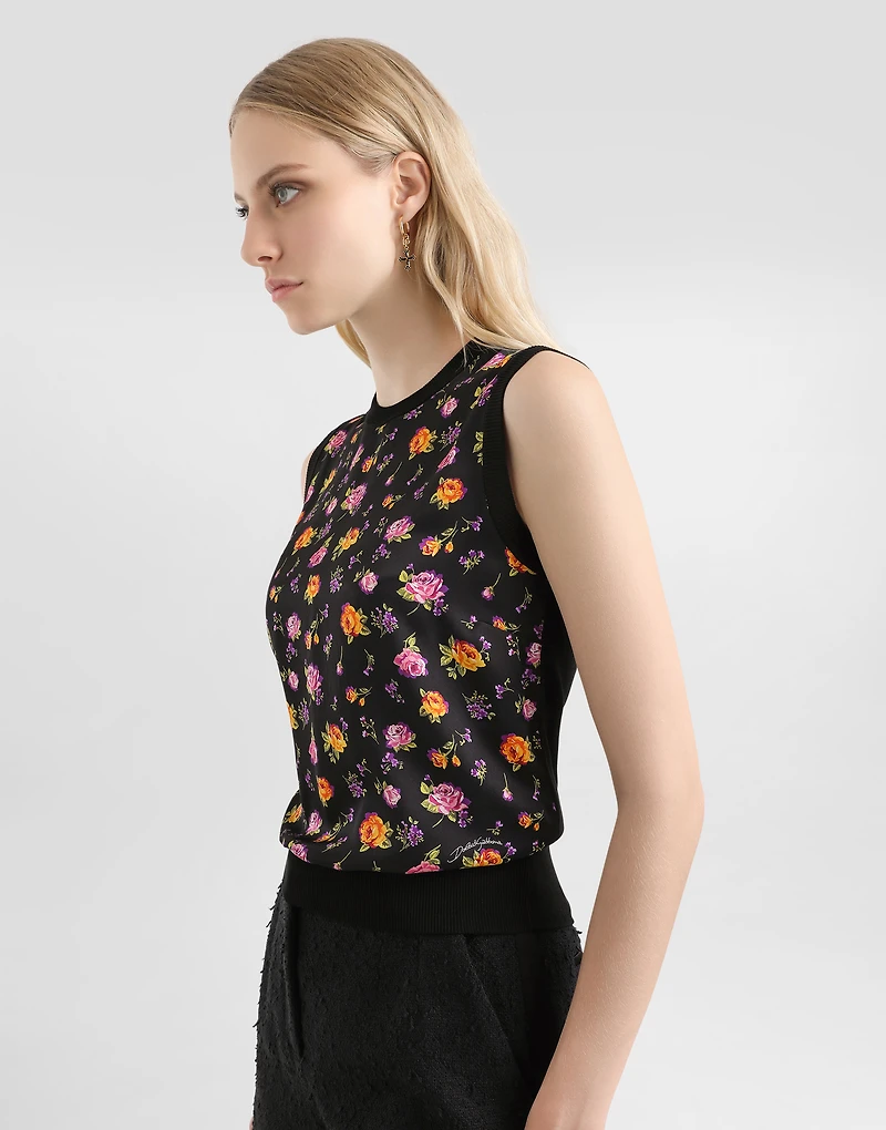 Small rose bouquets-print silk tank top