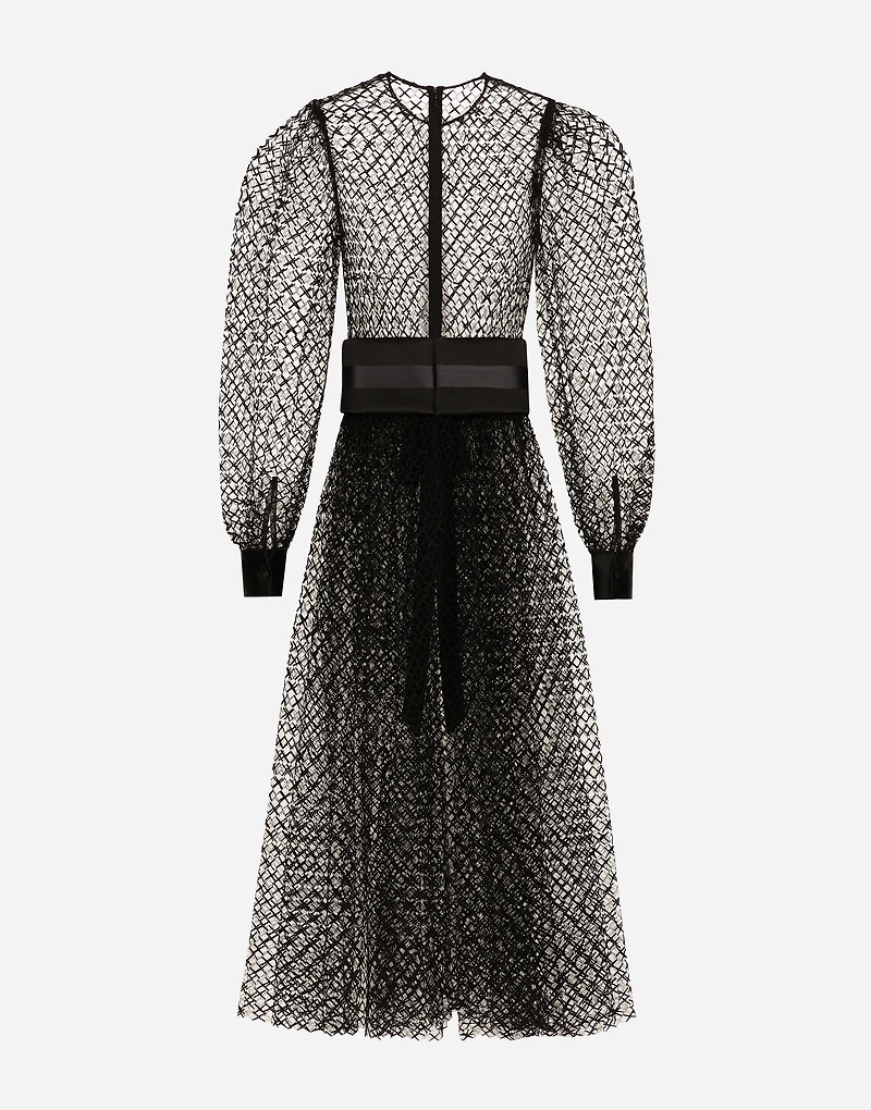 Calf-length mesh dress with wool crepe belt
