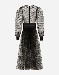 Calf-length mesh dress with wool crepe belt