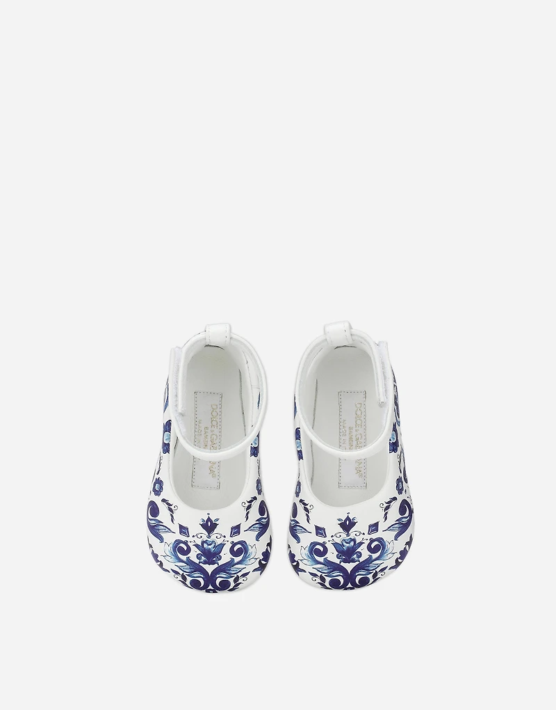 Nappa leather newborn ballet flats with majolica print
