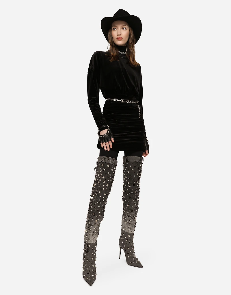Short draped velvet dress with DG logo