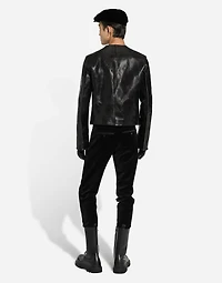 Collarless leather jacket