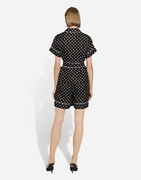 Short-sleeved silk pajama shirt with polka-dot print