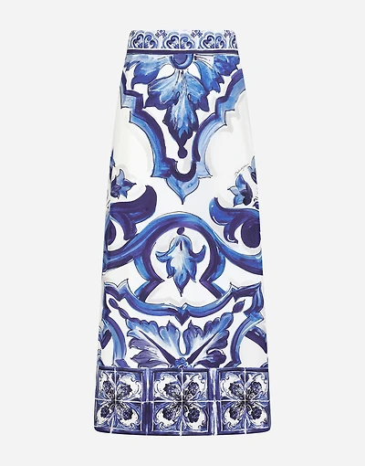 Majolica-print charmeuse calf-length skirt with slit