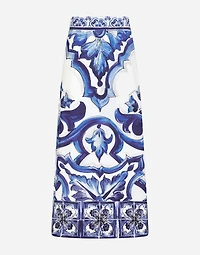 Majolica-print charmeuse calf-length skirt with slit