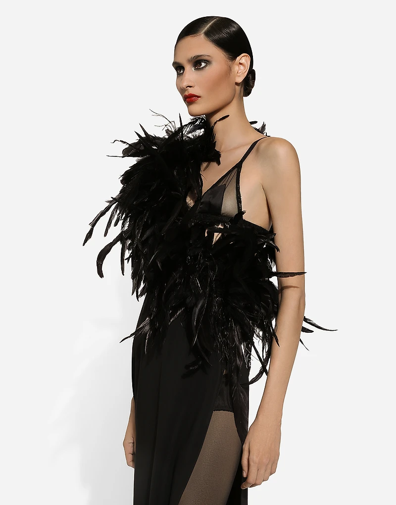 Long one-shoulder stretch cady dress with feathered neckline