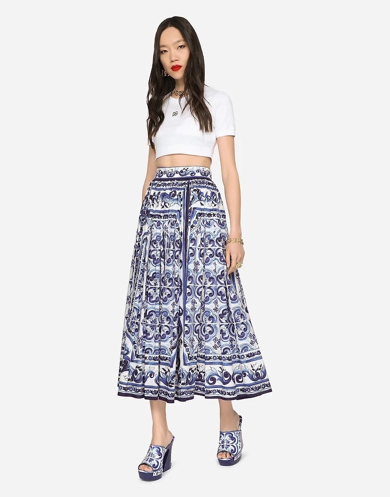 Majolica-print poplin calf-length skirt