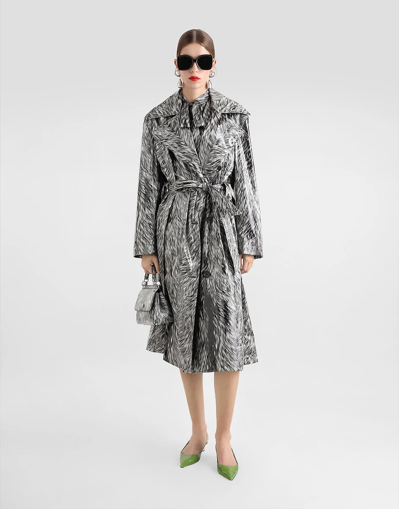 Fur-print coated satin trench coat