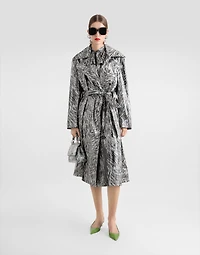 Fur-print coated satin trench coat