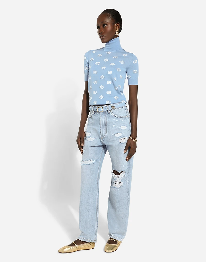 Cotton denim boyfriend jeans with rips