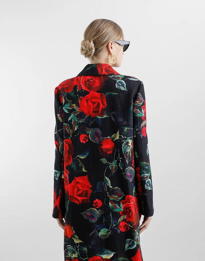 Single-breasted rose-print cotton jacquard coat