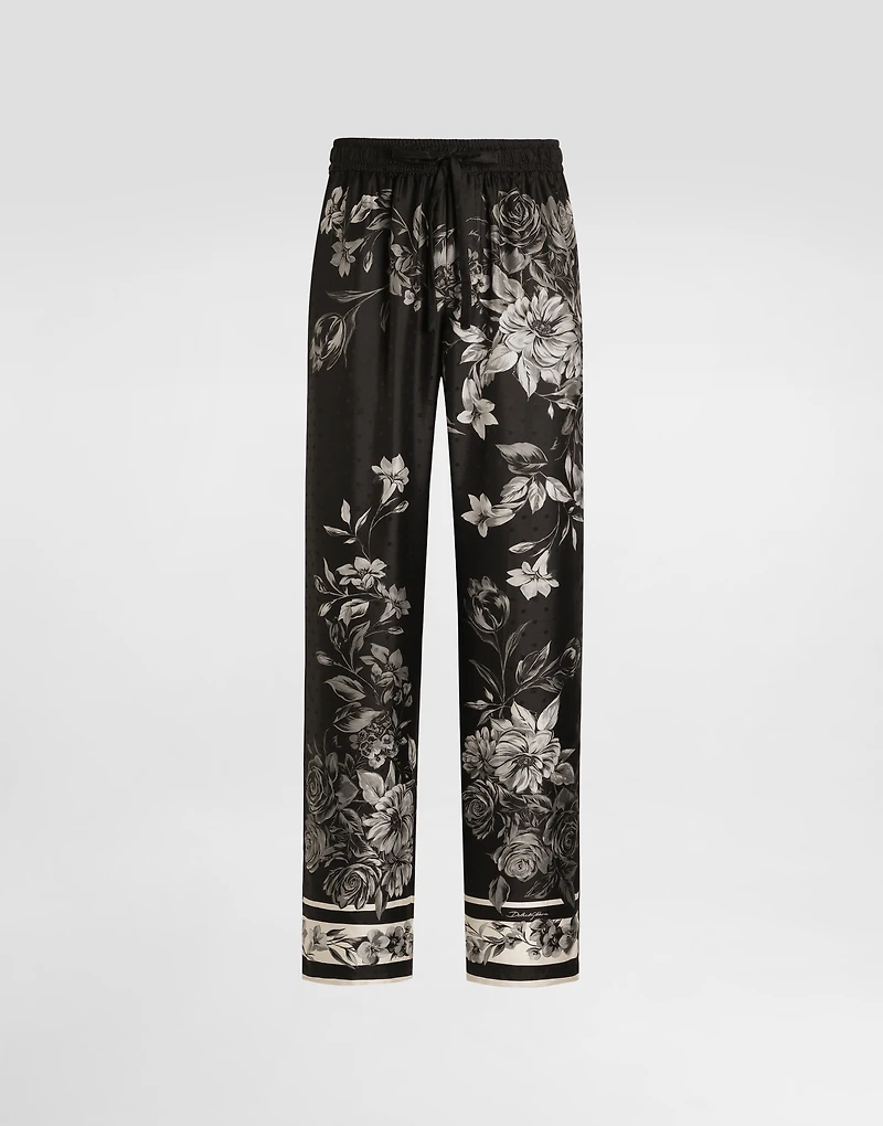 Flower bouquet-print vanity jacquard twill trousers