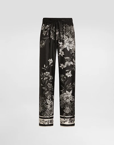Flower bouquet-print vanity jacquard twill trousers