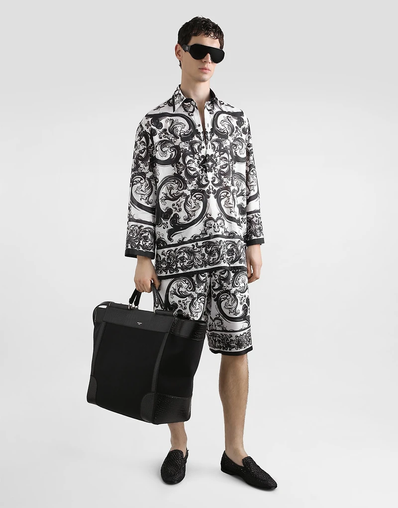 Majolica-print silk twill trousers