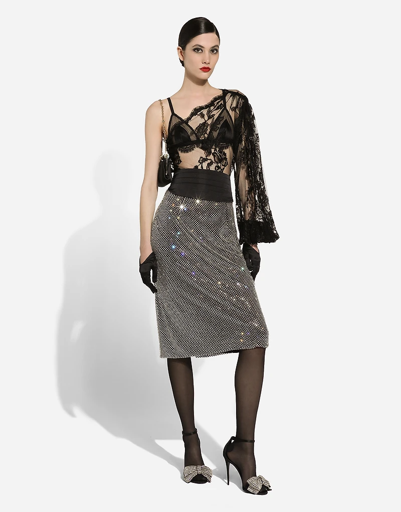 Calf-length crystal mesh skirt