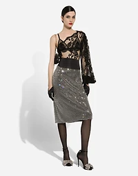 Calf-length crystal mesh skirt