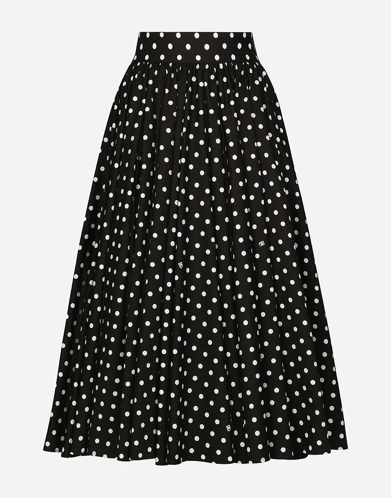 Cotton calf-length circle skirt with polka-dot print