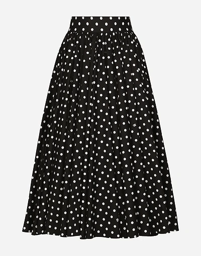 Cotton calf-length circle skirt with polka-dot print