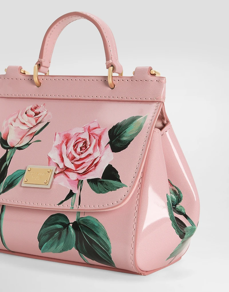Polished calfskin Sicily crossbody bag with rose print
