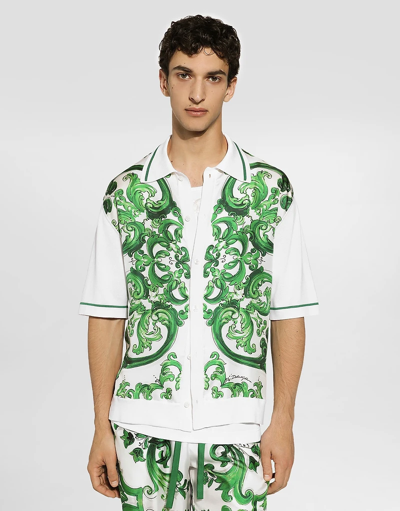 Oversize silk and yarn shirt with majolica print