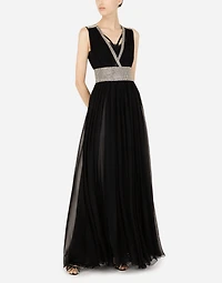 Long chiffon dress with fusible rhinestone detailing